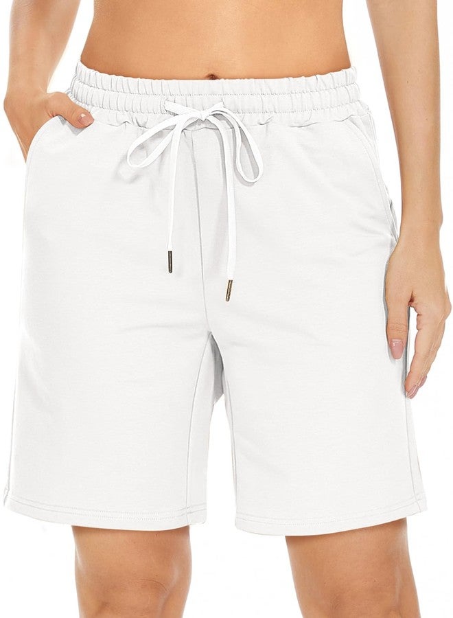 TARSE Women's Bermuda Shorts Summer Long Cotton Drawstring Loose Pocket Knee Length Shorts Yoga Casual Walking Exercise Shorts(White,M) - Image 2